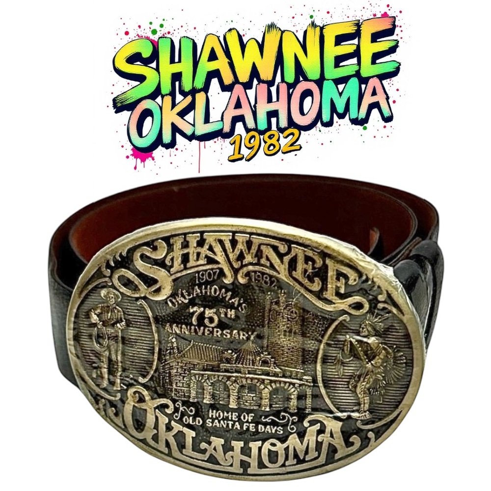 Vintage 1982 Shawnee Oklahoma Solid Brass Commemorative Belt Buckle Size 30 NEW